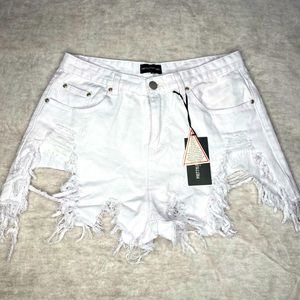 Distressed denim shorts